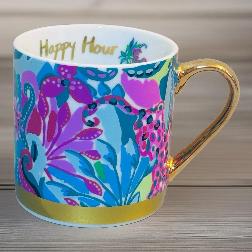 Lilly Pulitzer Golden Hour Mug Happy Hour Floral Pattern Gold Trim Clean EUC